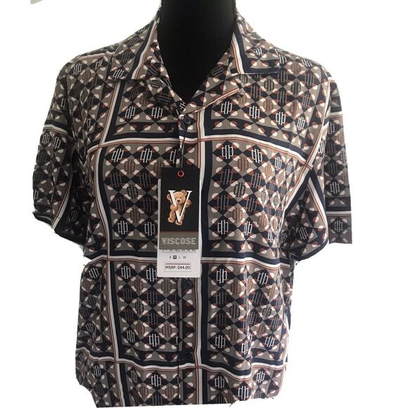 Denim & Flower Viscose Short Sleeve Shirt Button Up Geometric Multicolor/Size M - Picture 2 of 11